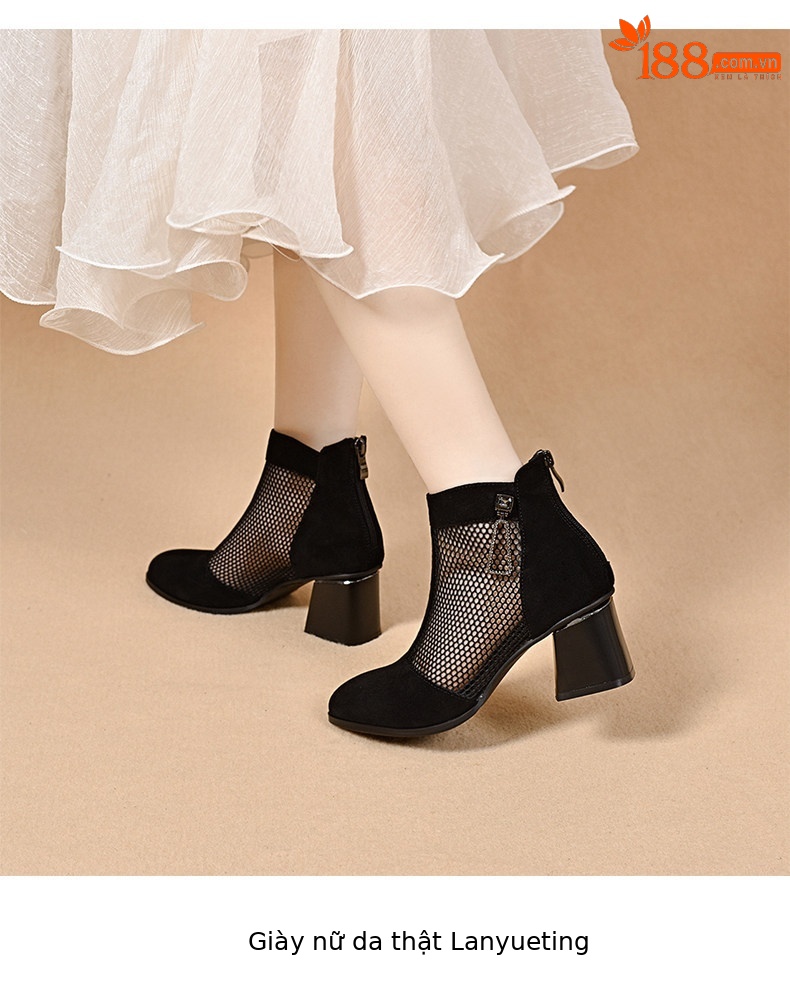 Sandal cao gót nữ mũi nhọn hở mũi, chất liệu da lưới thoáng khí, gót thô khoảng 7 cm — màu đen chi tiết 7