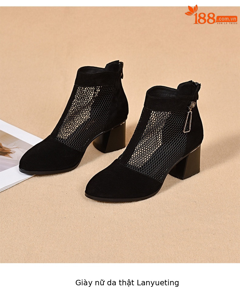 Sandal cao gót nữ mũi nhọn hở mũi, chất liệu da lưới thoáng khí, gót thô khoảng 7 cm — màu đen chi tiết 8