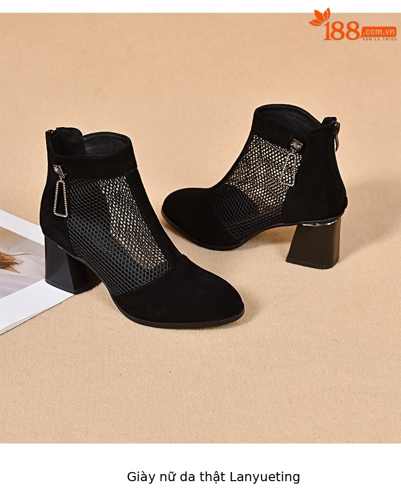 Sandal cao gót nữ mũi nhọn hở mũi, chất liệu da lưới thoáng khí, gót thô khoảng 7 cm — màu đen chi tiết 9