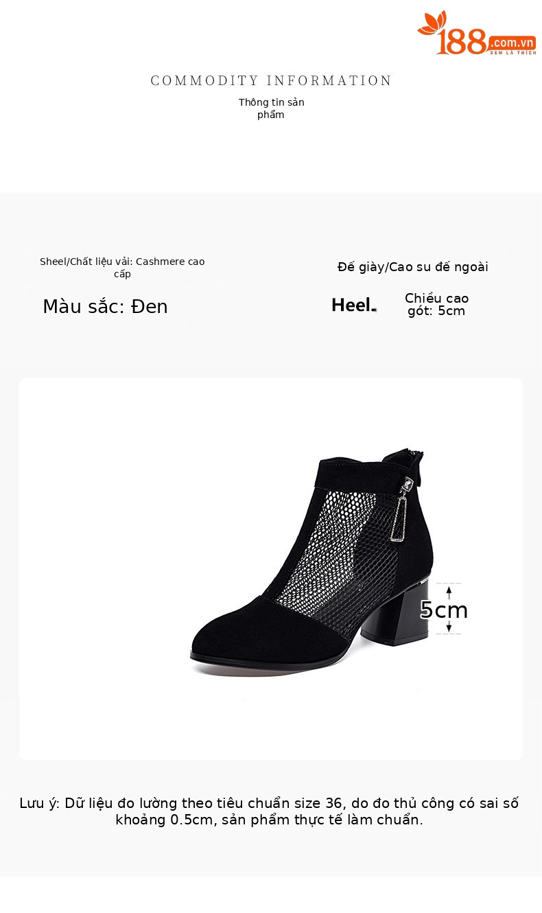 Sandal cao gót nữ mũi nhọn hở mũi, chất liệu da lưới thoáng khí, gót thô khoảng 7 cm — màu đen chi tiết 1