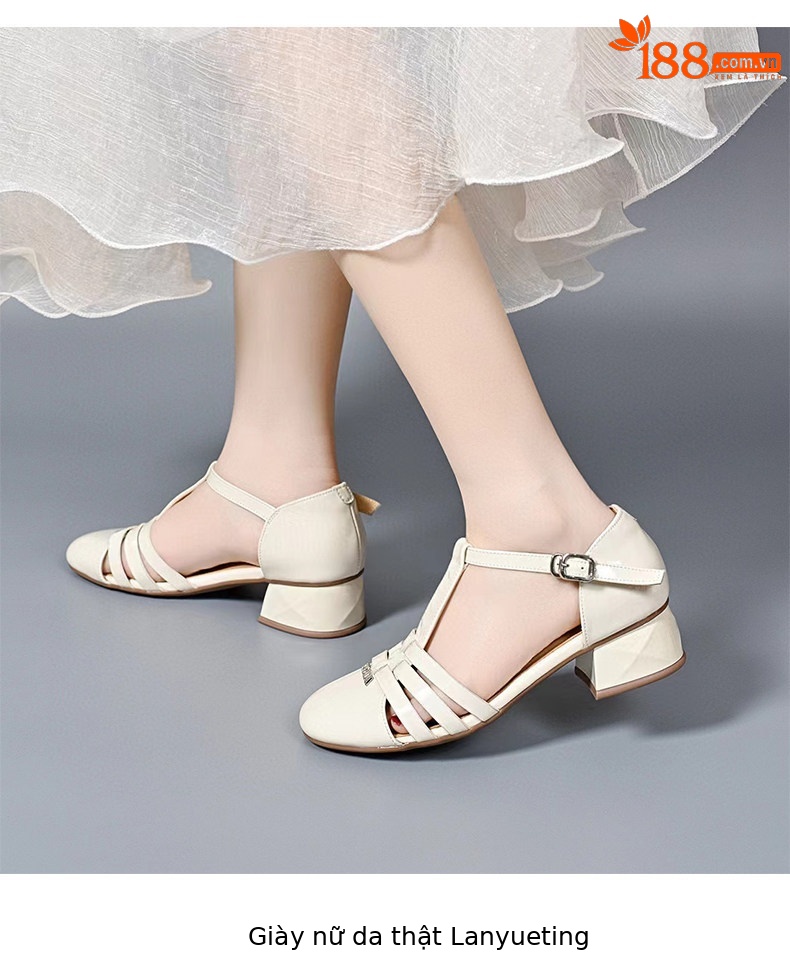Sandal nữ quai ngang mũi tròn da bóng gót thấp — màu đen chi tiết 5