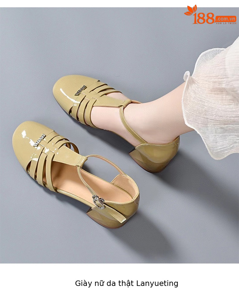 Sandal nữ quai ngang mũi tròn da bóng gót thấp — màu đen chi tiết 6