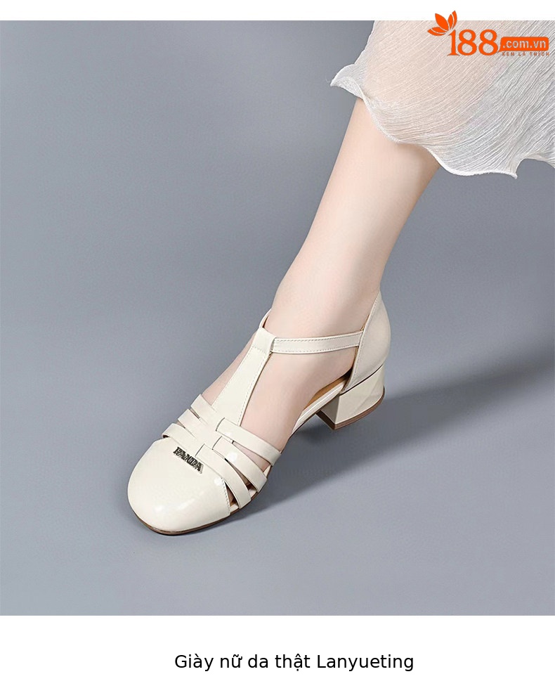 Sandal nữ quai ngang mũi tròn da bóng gót thấp — màu đen chi tiết 7