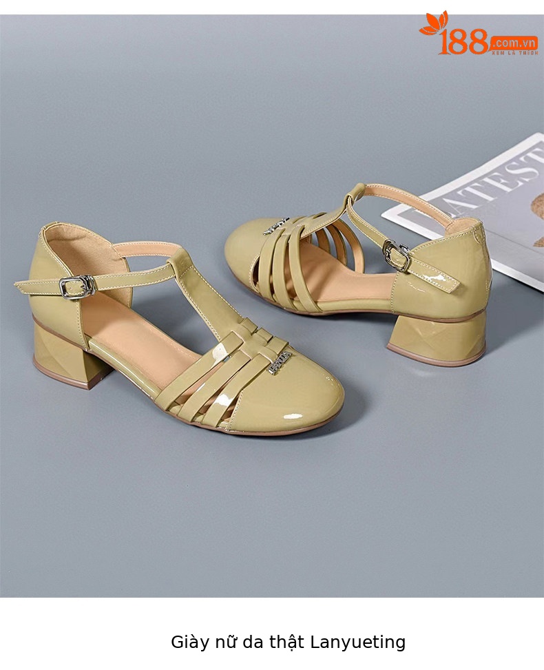 Sandal nữ quai ngang mũi tròn da bóng gót thấp — màu đen chi tiết 8
