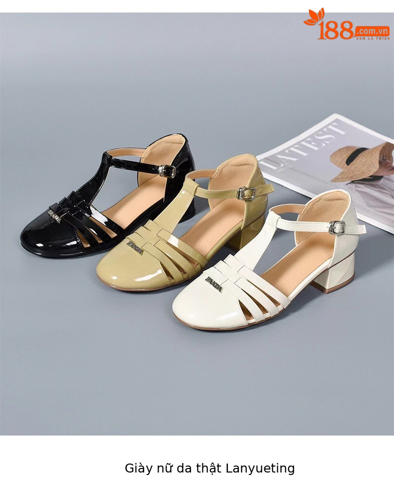 Sandal nữ quai ngang mũi tròn da bóng gót thấp — màu đen chi tiết 9