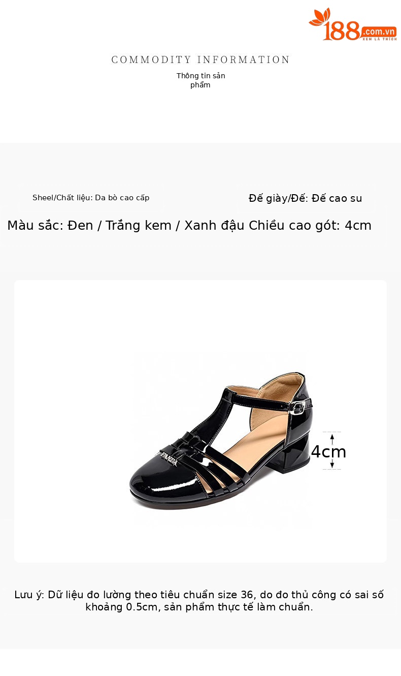 Sandal nữ quai ngang mũi tròn da bóng gót thấp — màu đen chi tiết 1