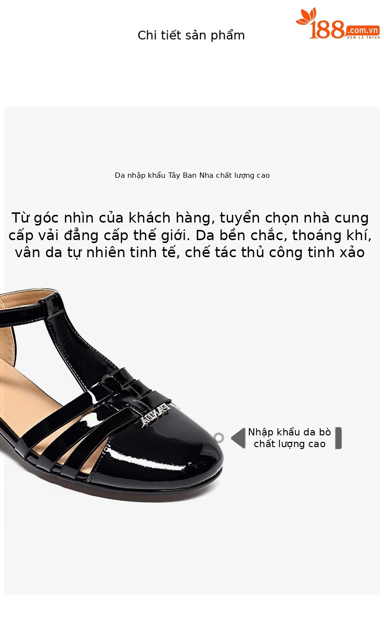 Sandal nữ quai ngang mũi tròn da bóng gót thấp — màu đen chi tiết 2