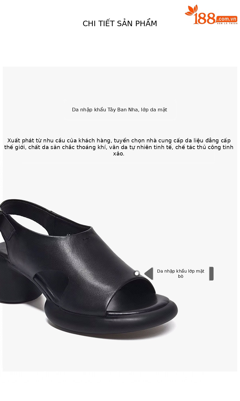 Sandal nữ da thật đế dày mũi hở gót vuông quai ngang — màu đen chi tiết 2