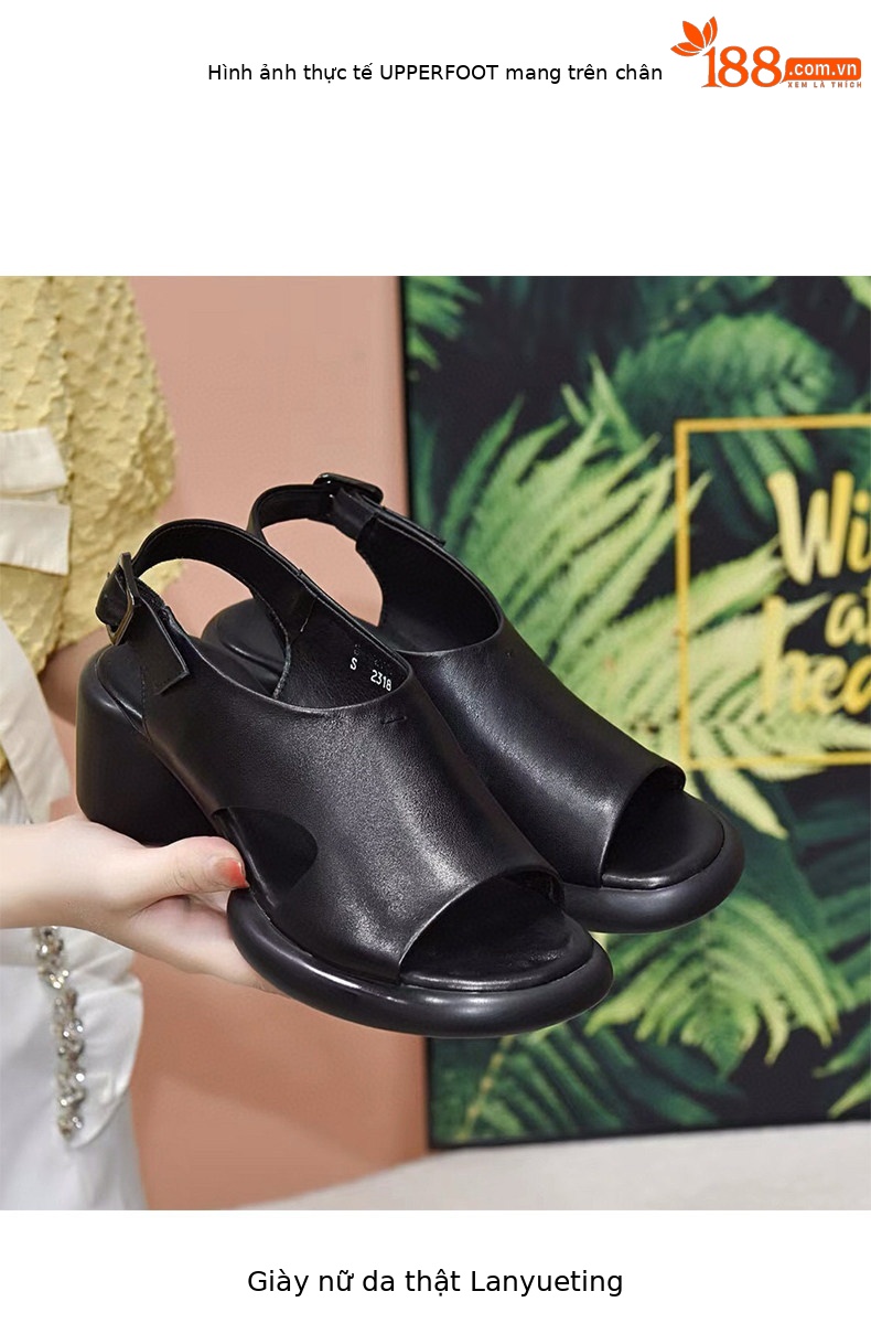 Sandal nữ da thật đế dày mũi hở gót vuông quai ngang — màu đen chi tiết 3