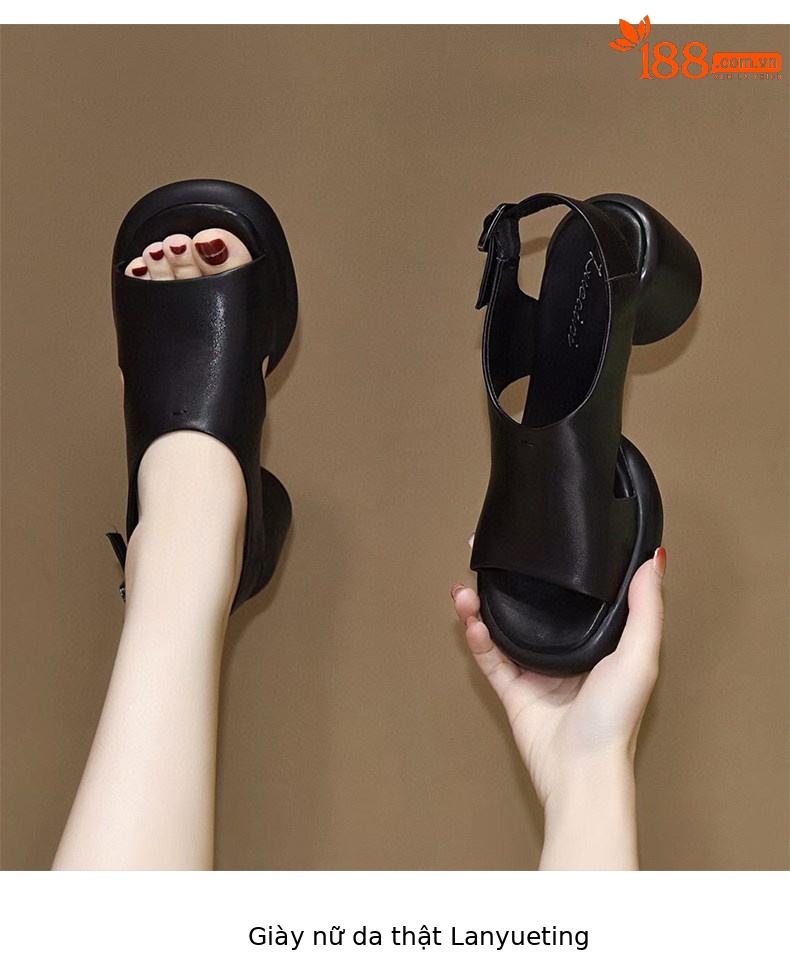 Sandal nữ da thật đế dày mũi hở gót vuông quai ngang — màu đen chi tiết 5