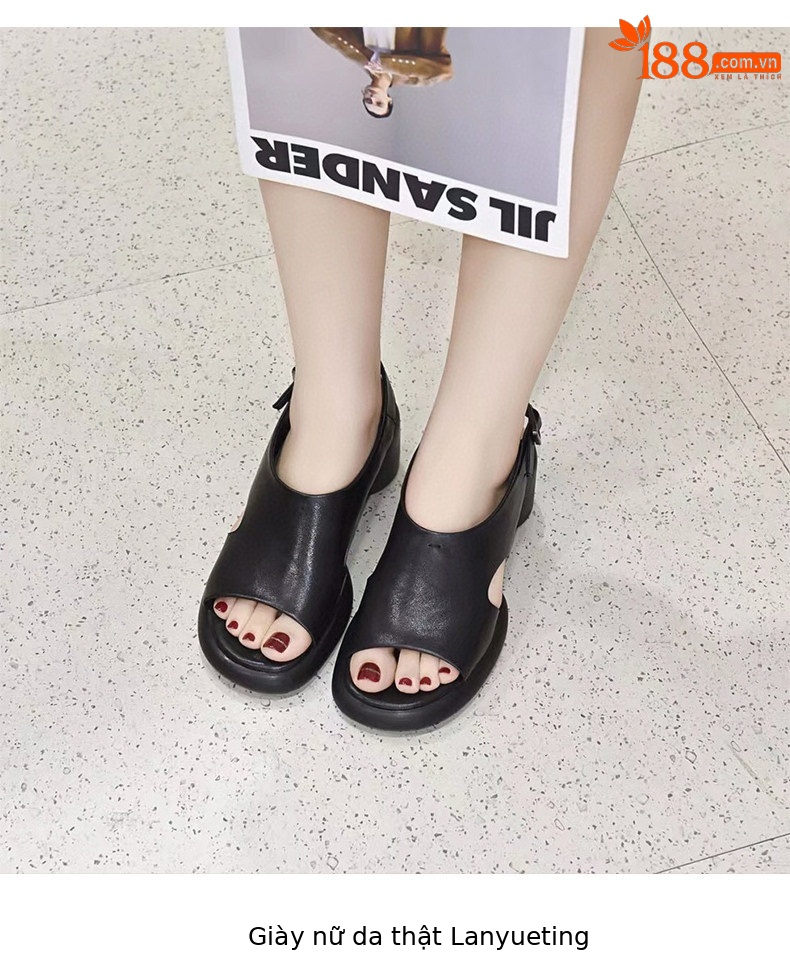 Sandal nữ da thật đế dày mũi hở gót vuông quai ngang — màu đen chi tiết 6