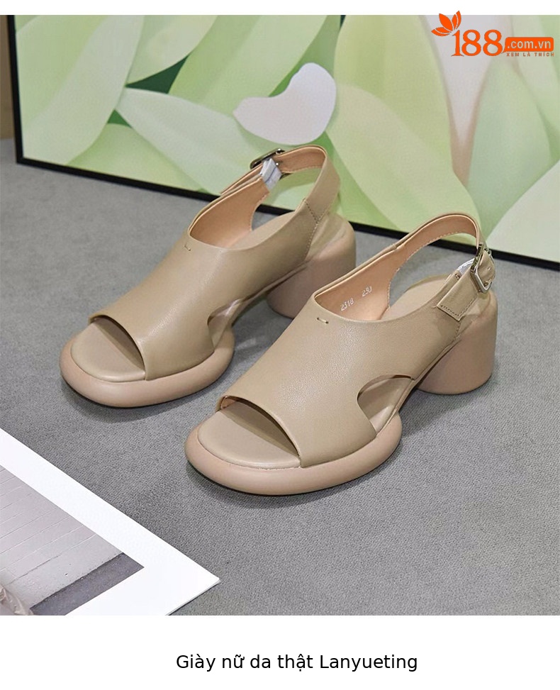 Sandal nữ da thật đế dày mũi hở gót vuông quai ngang — màu đen chi tiết 8