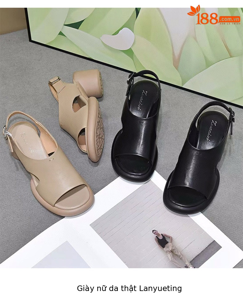 Sandal nữ da thật đế dày mũi hở gót vuông quai ngang — màu đen chi tiết 9