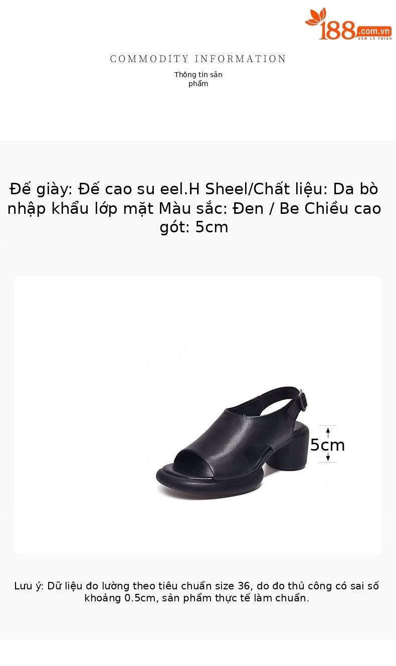 Sandal nữ da thật đế dày mũi hở gót vuông quai ngang — màu đen chi tiết 1