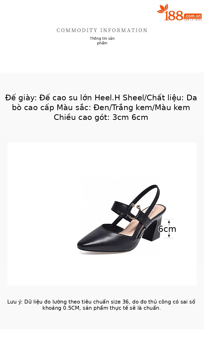 Sandal nữ quai ngang da thật mũi kín gót 6 cm — Màu sắc: 6cm chi tiết 1