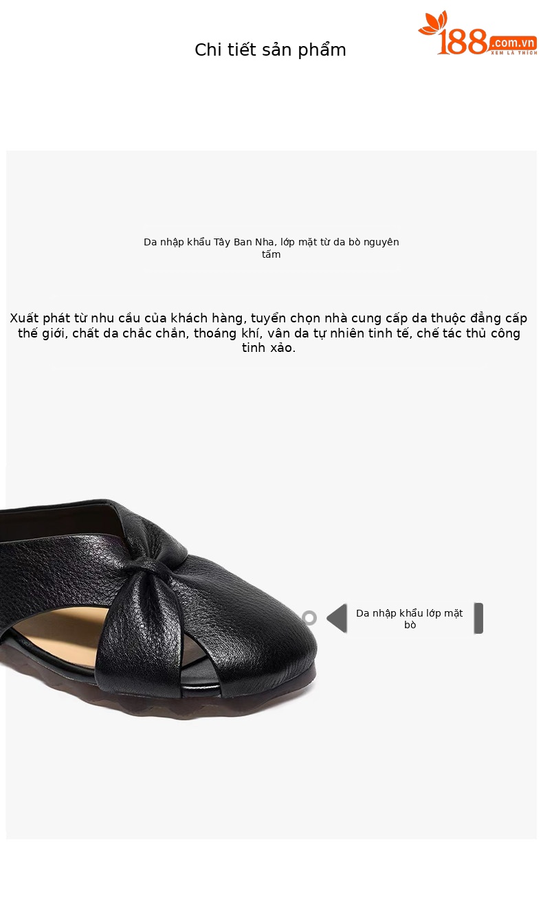 Dép sandal nữ da thật mũi nhọn quai chữ V đế bệt — màu nâu chi tiết 2