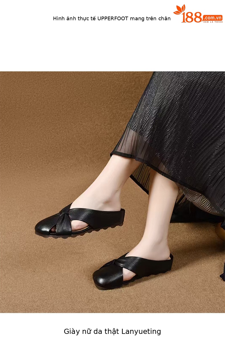 Dép sandal nữ da thật mũi nhọn quai chữ V đế bệt — màu nâu chi tiết 3