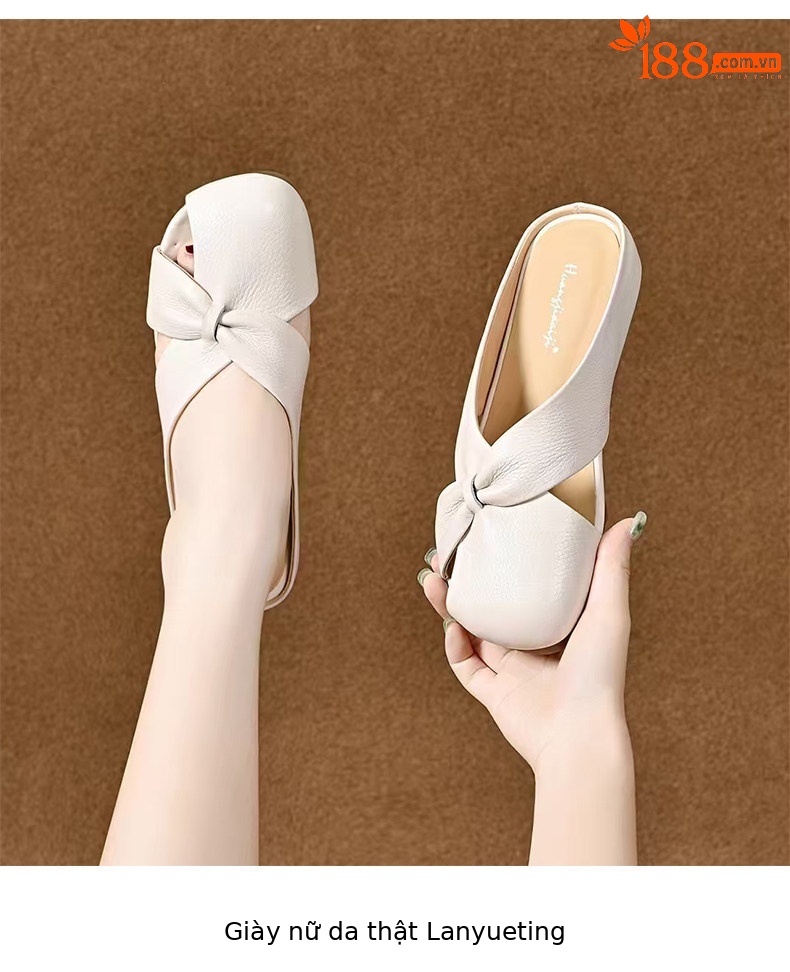 Dép sandal nữ da thật mũi nhọn quai chữ V đế bệt — màu nâu chi tiết 4