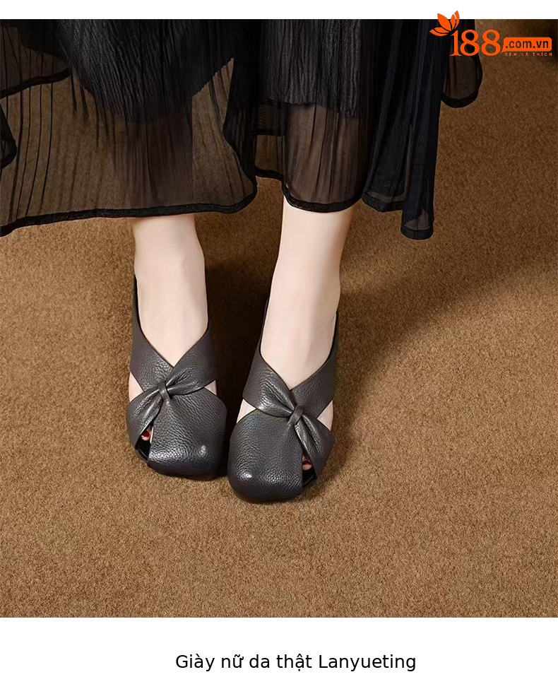 Dép sandal nữ da thật mũi nhọn quai chữ V đế bệt — màu nâu chi tiết 6