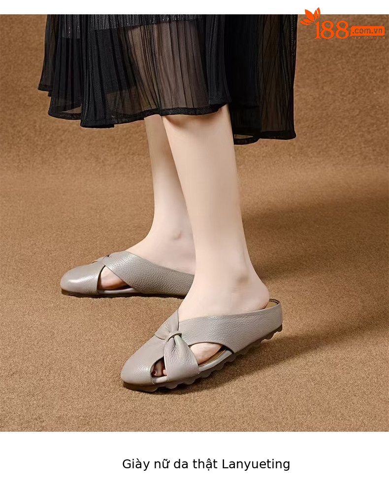 Dép sandal nữ da thật mũi nhọn quai chữ V đế bệt — màu nâu chi tiết 7