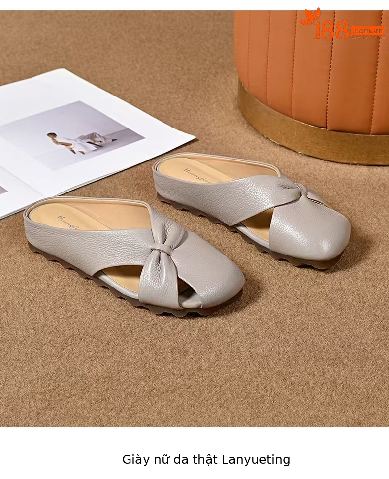 Dép sandal nữ da thật mũi nhọn quai chữ V đế bệt — màu nâu chi tiết 8