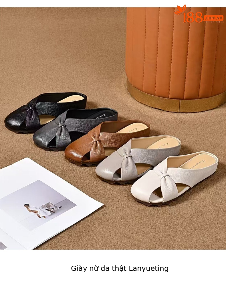 Dép sandal nữ da thật mũi nhọn quai chữ V đế bệt — màu nâu chi tiết 9