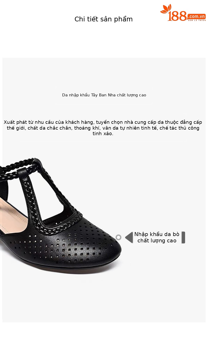 Sandal cao gót nữ quai ngang da thật mũi tròn gót thấp phong cách La Mã — màu đen chi tiết 2