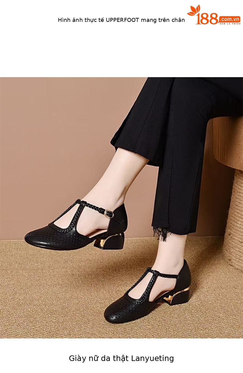 Sandal cao gót nữ quai ngang da thật mũi tròn gót thấp phong cách La Mã — màu đen chi tiết 3