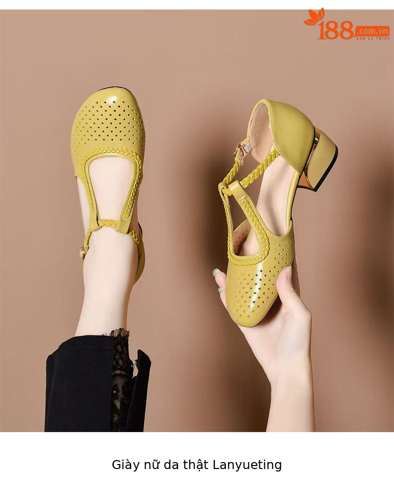 Sandal cao gót nữ quai ngang da thật mũi tròn gót thấp phong cách La Mã — màu đen chi tiết 4