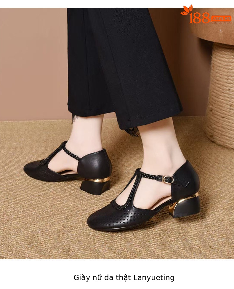 Sandal cao gót nữ quai ngang da thật mũi tròn gót thấp phong cách La Mã — màu đen chi tiết 5
