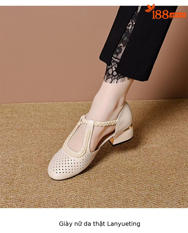 Sandal cao gót nữ quai ngang da thật mũi tròn gót thấp phong cách La Mã — màu đen chi tiết 6