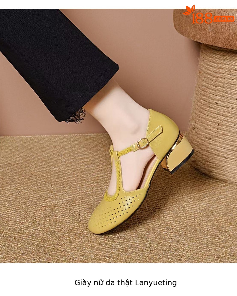 Sandal cao gót nữ quai ngang da thật mũi tròn gót thấp phong cách La Mã — màu đen chi tiết 7