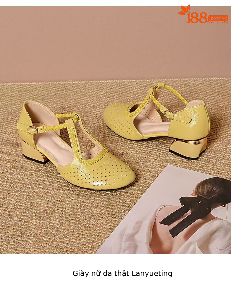 Sandal cao gót nữ quai ngang da thật mũi tròn gót thấp phong cách La Mã — màu đen chi tiết 8