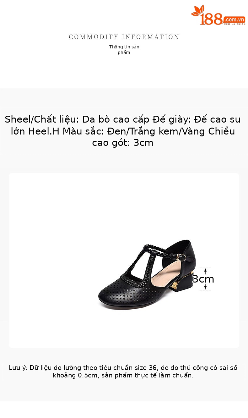 Sandal cao gót nữ quai ngang da thật mũi tròn gót thấp phong cách La Mã — màu đen chi tiết 1