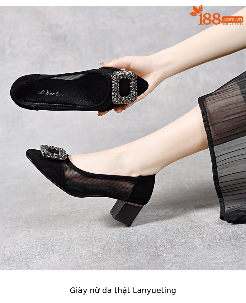 Sandal nữ hở mũi gót thấp 3 cm, chất da thật, quai lưới thoáng khí — Màu đen - 3cm chi tiết 3
