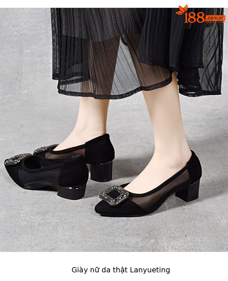 Sandal nữ hở mũi gót thấp 3 cm, chất da thật, quai lưới thoáng khí — Màu đen - 3cm chi tiết 5