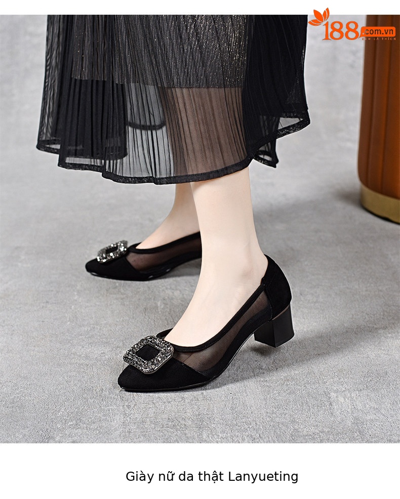 Sandal nữ hở mũi gót thấp 3 cm, chất da thật, quai lưới thoáng khí — Màu đen - 3cm chi tiết 6