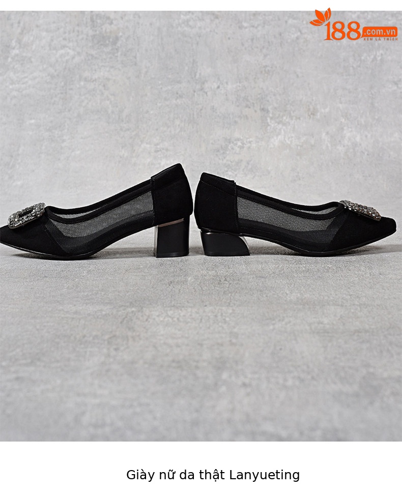 Sandal nữ hở mũi gót thấp 3 cm, chất da thật, quai lưới thoáng khí — Màu đen - 3cm chi tiết 7