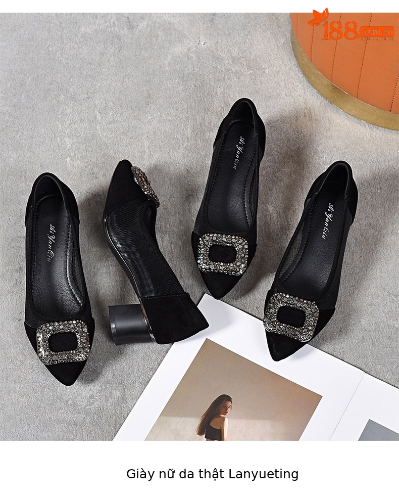 Sandal nữ hở mũi gót thấp 3 cm, chất da thật, quai lưới thoáng khí — Màu đen - 3cm chi tiết 8