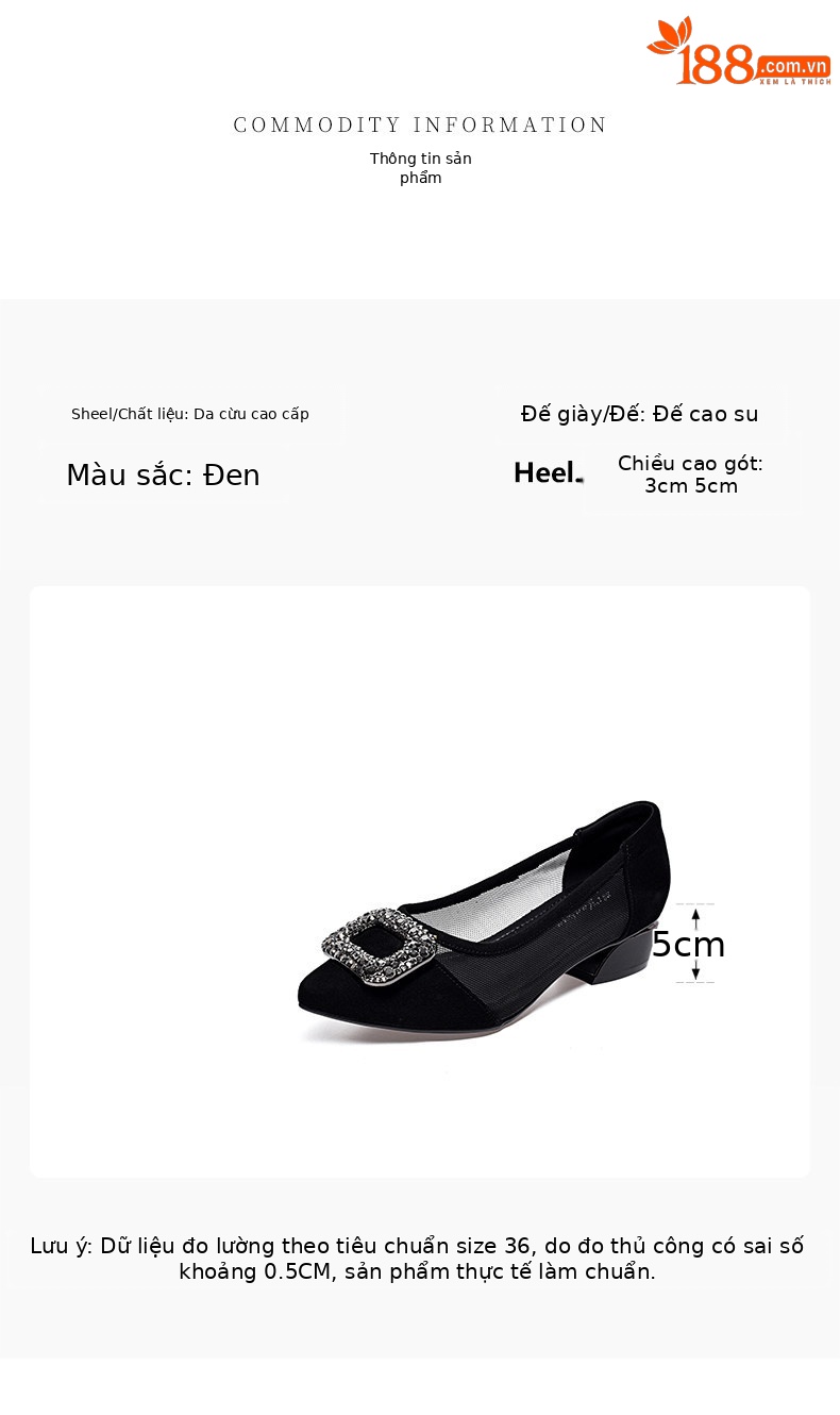Sandal nữ hở mũi gót thấp 3 cm, chất da thật, quai lưới thoáng khí — Màu đen - 3cm chi tiết 1