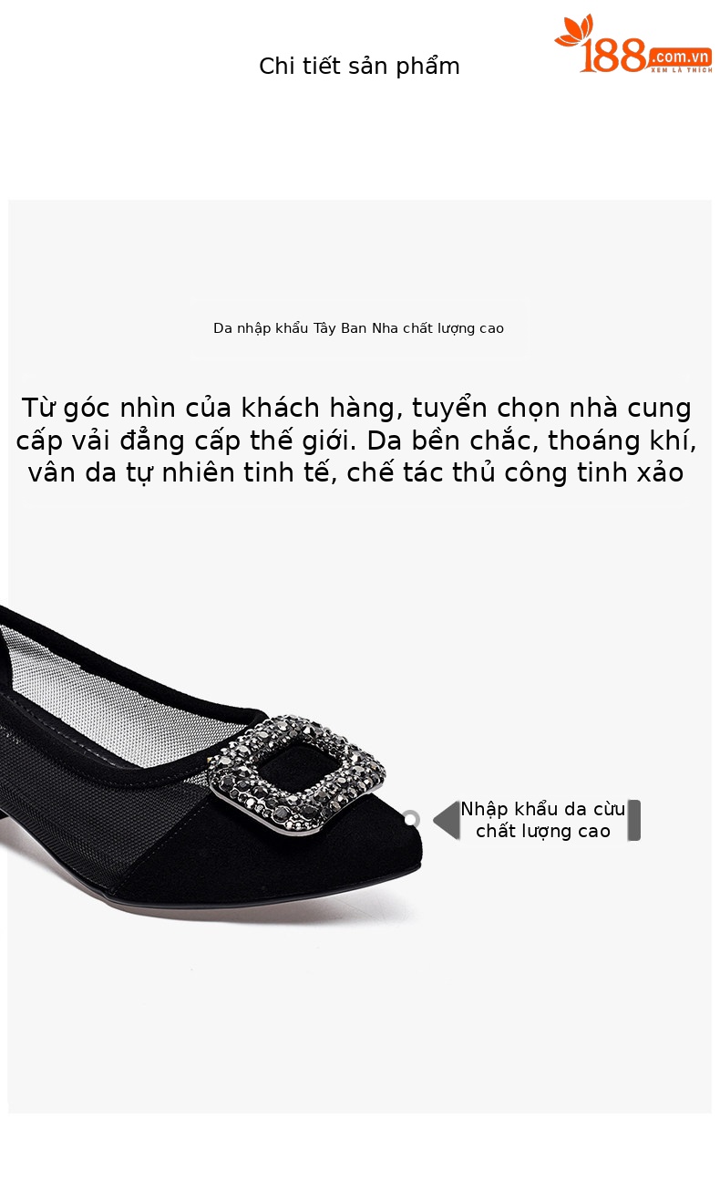 Sandal nữ hở mũi gót thấp 3 cm, chất da thật, quai lưới thoáng khí — Màu đen - 3cm chi tiết 2