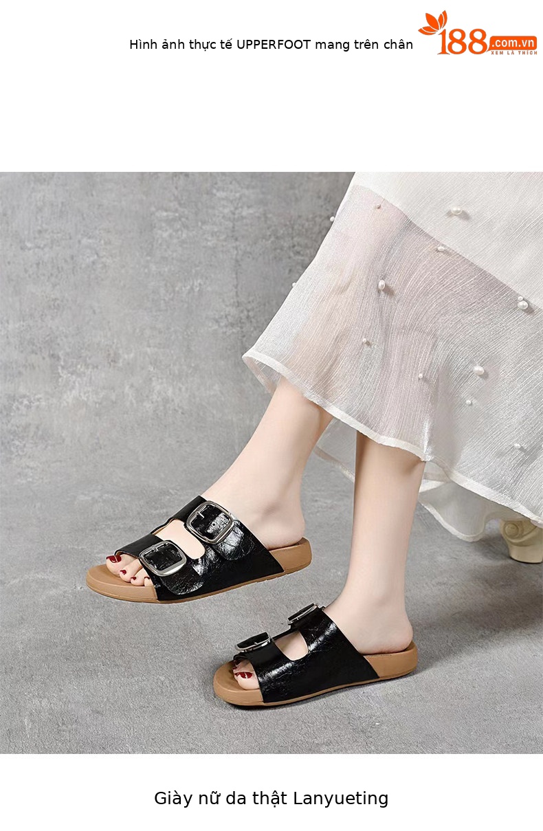 Dép sandal nữ quai chữ V đế dày da thật phong cách vintage — màu đen chi tiết 3