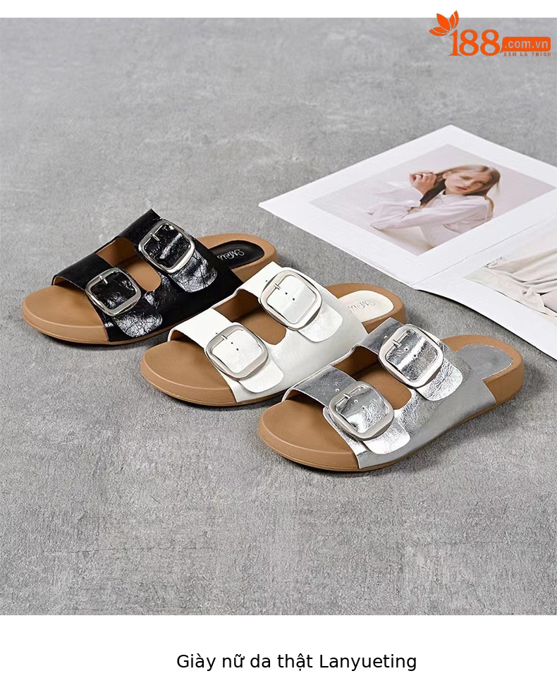 Dép sandal nữ quai chữ V đế dày da thật phong cách vintage — màu đen chi tiết 4