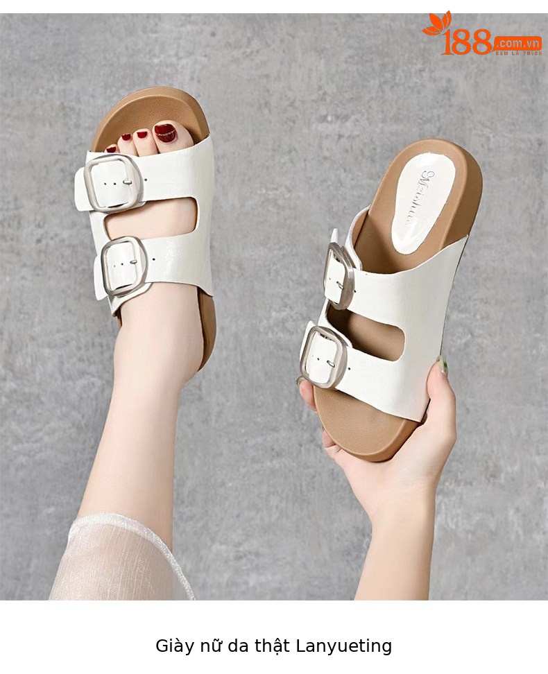 Dép sandal nữ quai chữ V đế dày da thật phong cách vintage — màu đen chi tiết 5