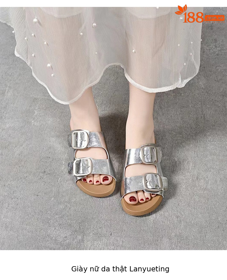 Dép sandal nữ quai chữ V đế dày da thật phong cách vintage — màu đen chi tiết 6