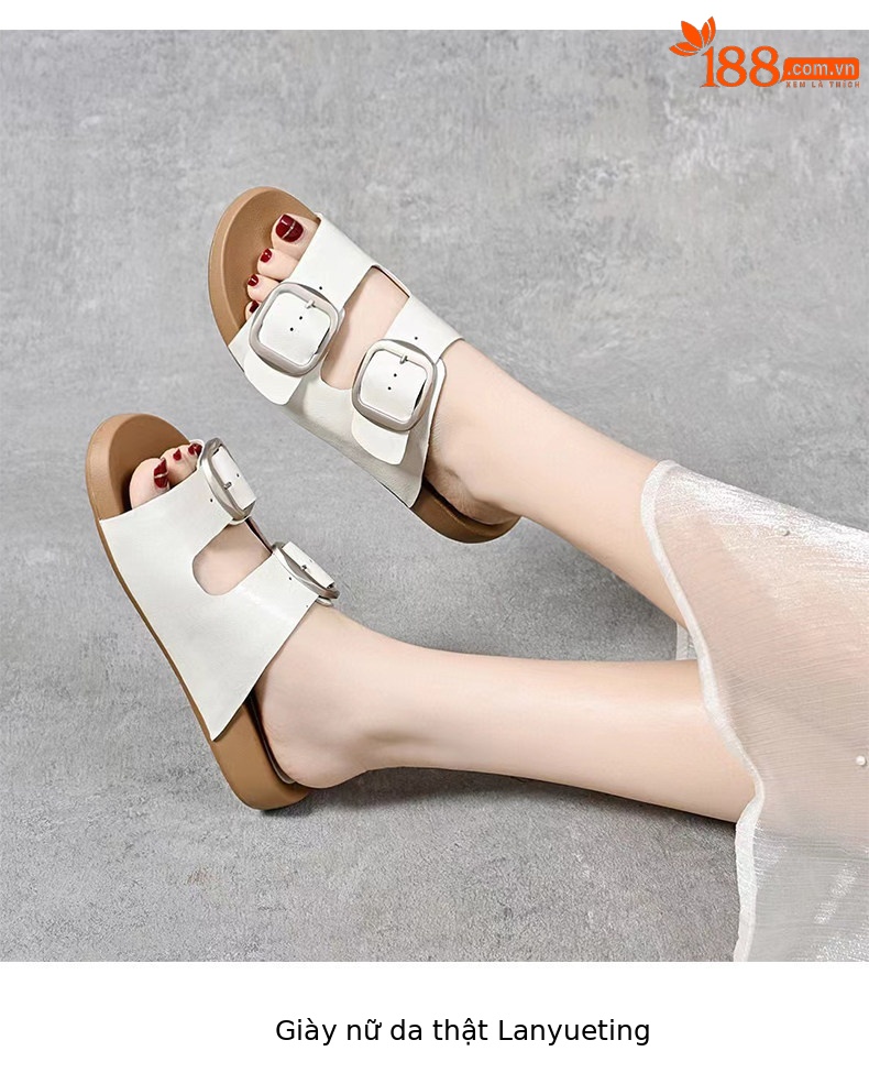 Dép sandal nữ quai chữ V đế dày da thật phong cách vintage — màu đen chi tiết 7