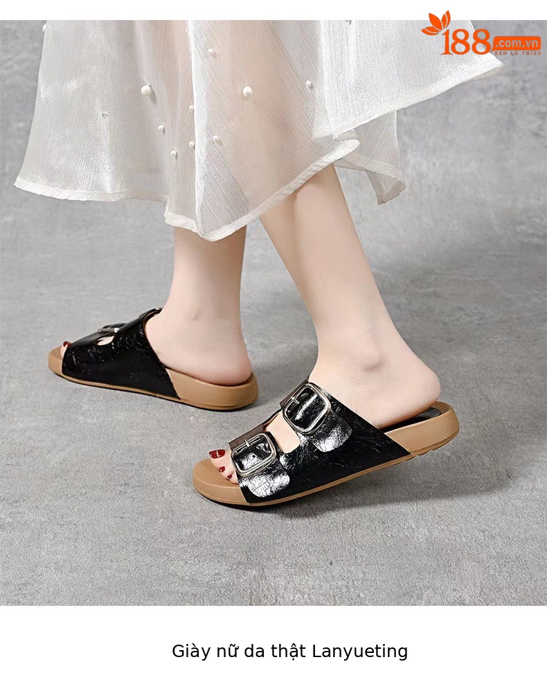 Dép sandal nữ quai chữ V đế dày da thật phong cách vintage — màu đen chi tiết 8