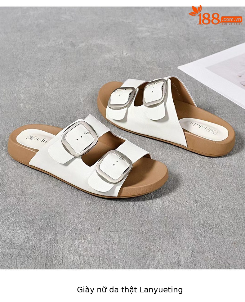 Dép sandal nữ quai chữ V đế dày da thật phong cách vintage — màu đen chi tiết 9