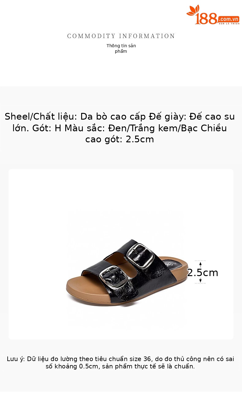 Dép sandal nữ quai chữ V đế dày da thật phong cách vintage — màu đen chi tiết 1