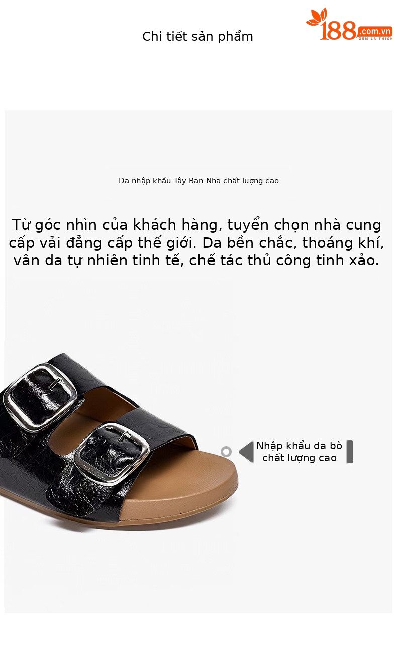 Dép sandal nữ quai chữ V đế dày da thật phong cách vintage — màu đen chi tiết 2
